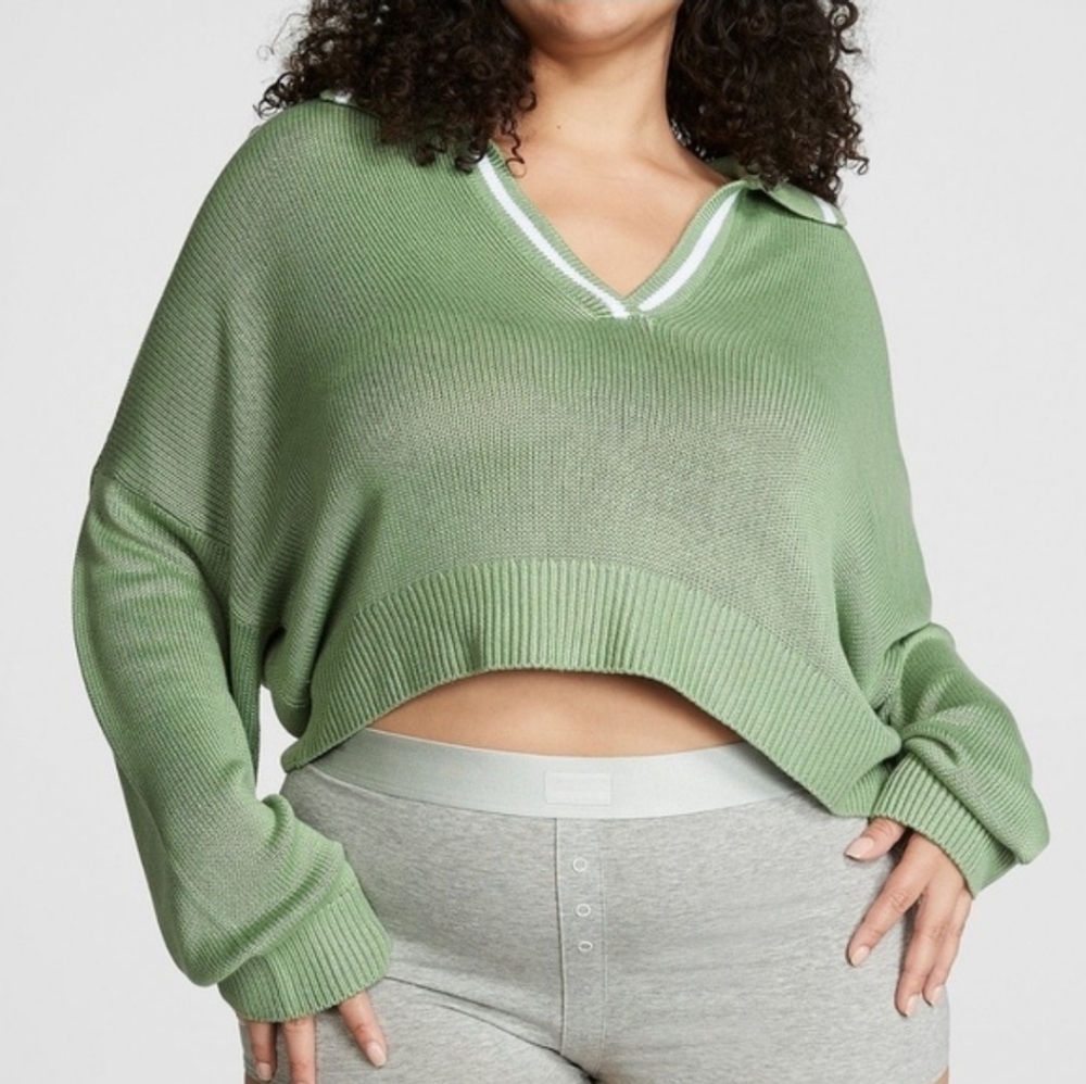 PINK Victoria's Secret Sage Green V-Neck Polo Sweater with White Trim